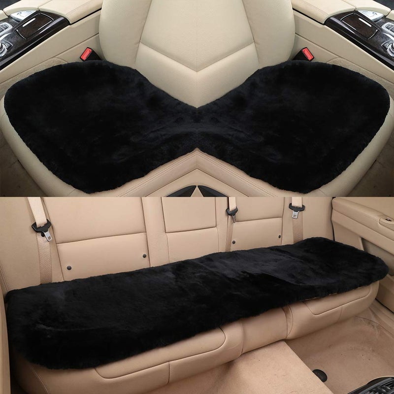 OGLAND Fluffy Genuine Australia Sheepskin Car Seat Cover for Auto Interior Accessories with Soft Fuzzy Wool Eco-Friendly Natural Fur Non-Slip (Black, Back) - Image 5